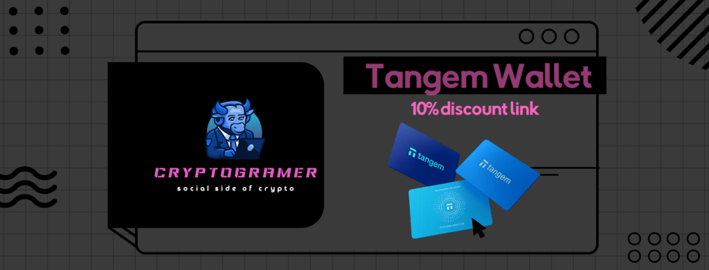 An advertisement featuring the Cryptogramer logo with a cartoon character and the text 'Tangem Wallet' promoting a 10% discount, alongside images of blue Tangem wallet cards against a geometric background.